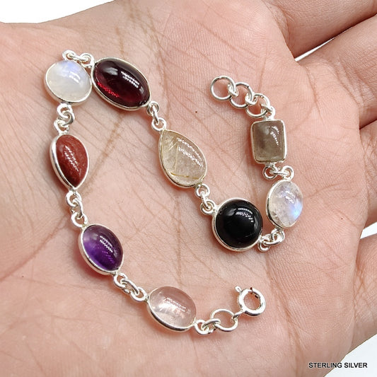 925 SOLID STERLING SILVER NATURAL GEMSTONES HANDMADE BRACELET,8 INCHES