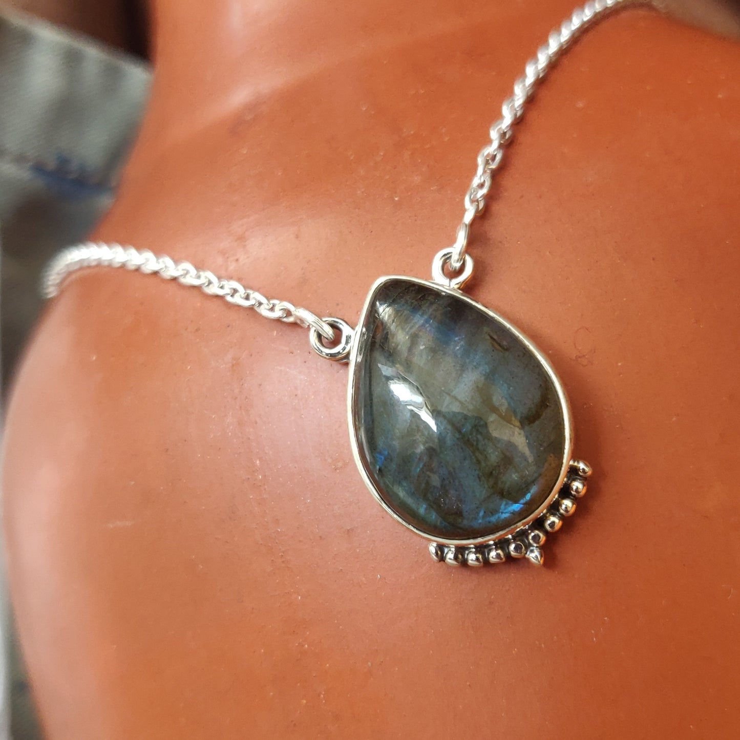 925 SOLID STERLING SILVER NATURAL LABRADORITE HANDMADE NECKLACE,18 INCHES