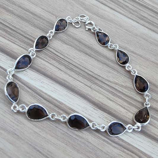 925 SOLID STERLING SILVER NATURAL SMOKY QUARTZ HANDMADE BRACELET,8 INCHES
