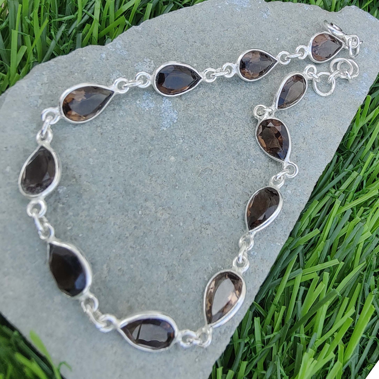 925 SOLID STERLING SILVER NATURAL SMOKY QUARTZ HANDMADE BRACELET,8 INCHES
