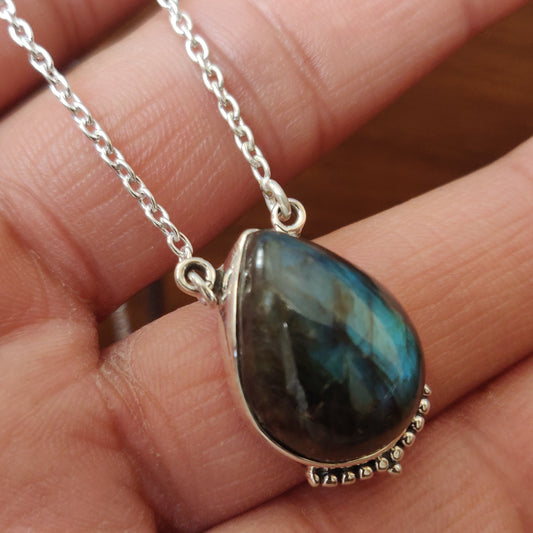 925 SOLID STERLING SILVER NATURAL LABRADORITE HANDMADE NECKLACE,18 INCHES