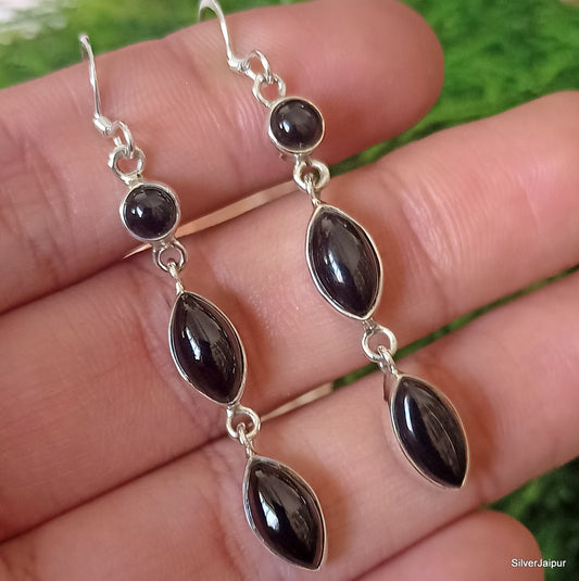 925 SOLID STERLING SILVER NATURAL BLACK ONYX GEMSTONE HOOK EARRING
