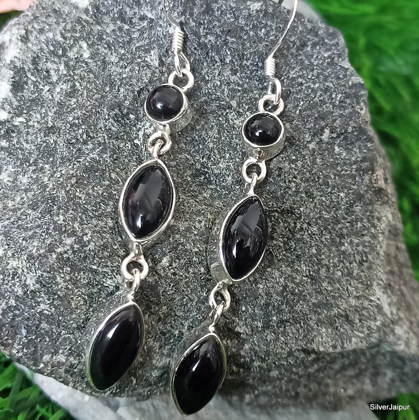 925 SOLID STERLING SILVER NATURAL BLACK ONYX GEMSTONE HOOK EARRING