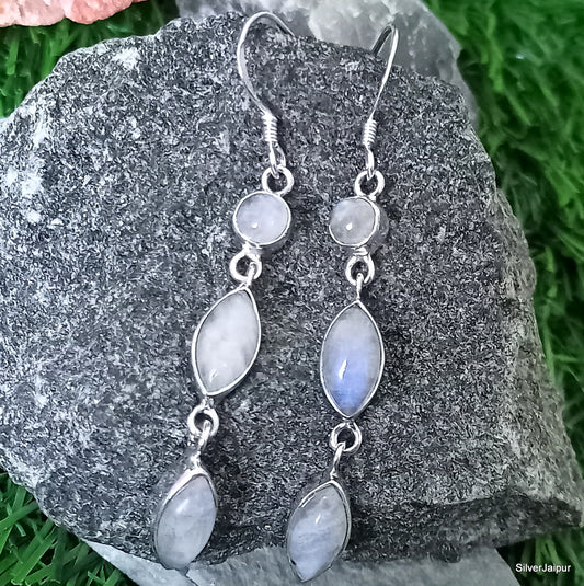 925 SOLID STERLING SILVER NATURAL RAINBOW MOONSTONE GEMSTONE HOOK EARRING