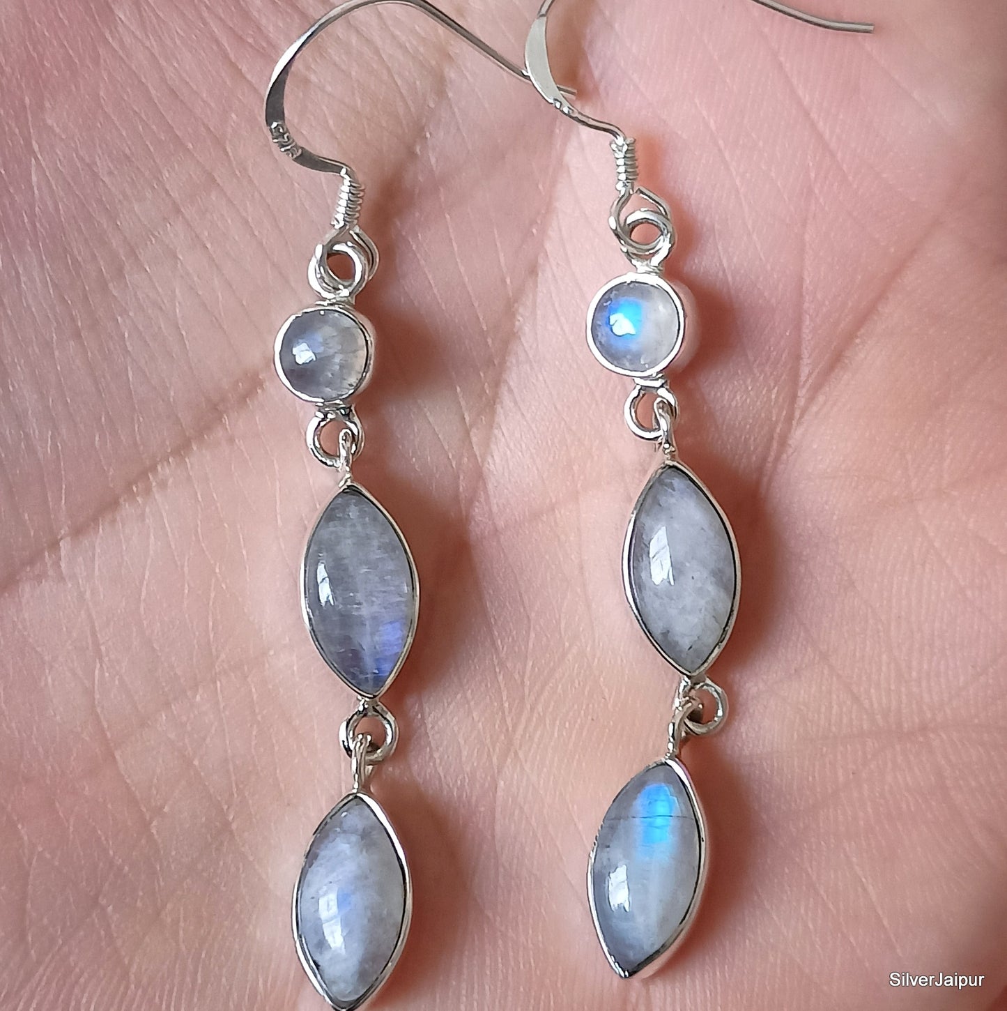 925 SOLID STERLING SILVER NATURAL RAINBOW MOONSTONE GEMSTONE HOOK EARRING