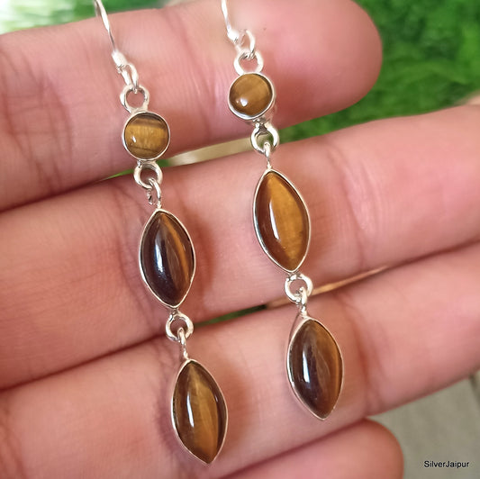 925 SOLID STERLING SILVER NATURAL TIGER EYE GEMSTONE HOOK EARRING