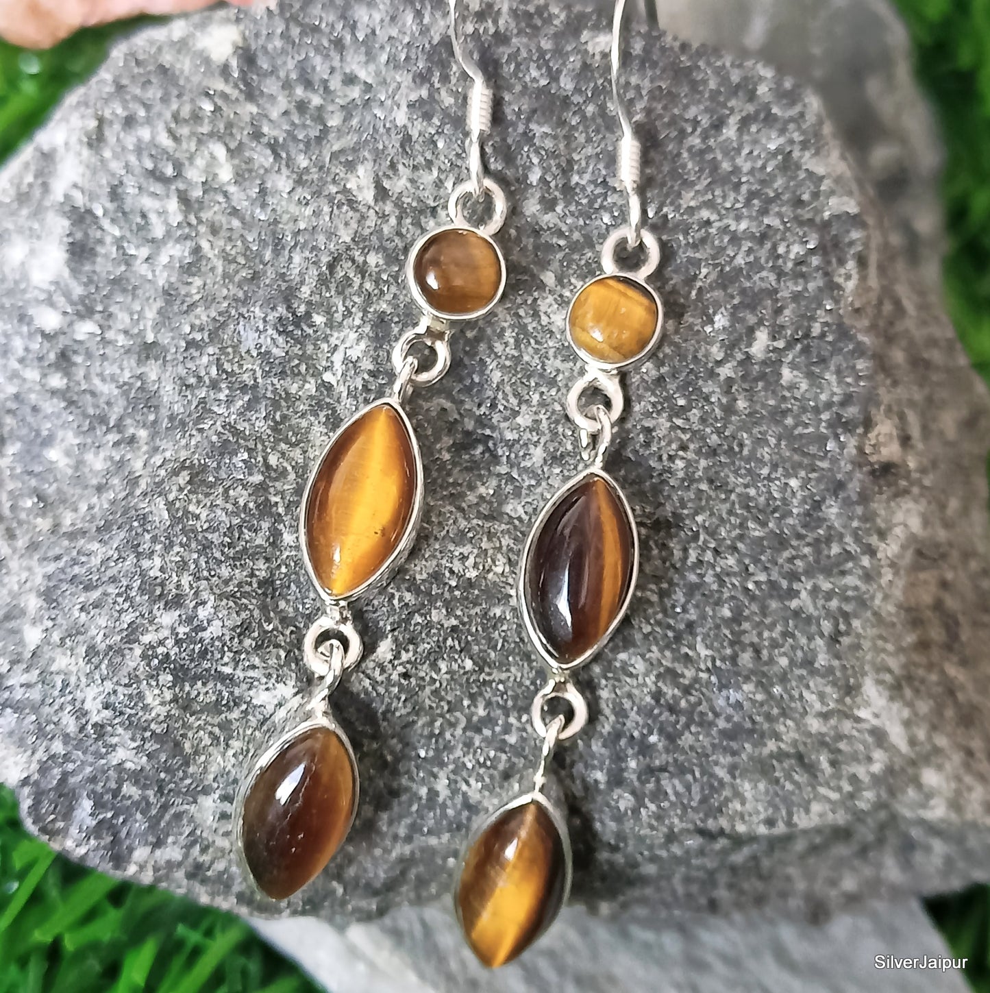 925 SOLID STERLING SILVER NATURAL TIGER EYE GEMSTONE HOOK EARRING