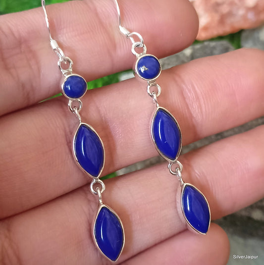 925 SOLID STERLING SILVER NATURAL LAPIS LAZULI GEMSTONE HOOK EARRING