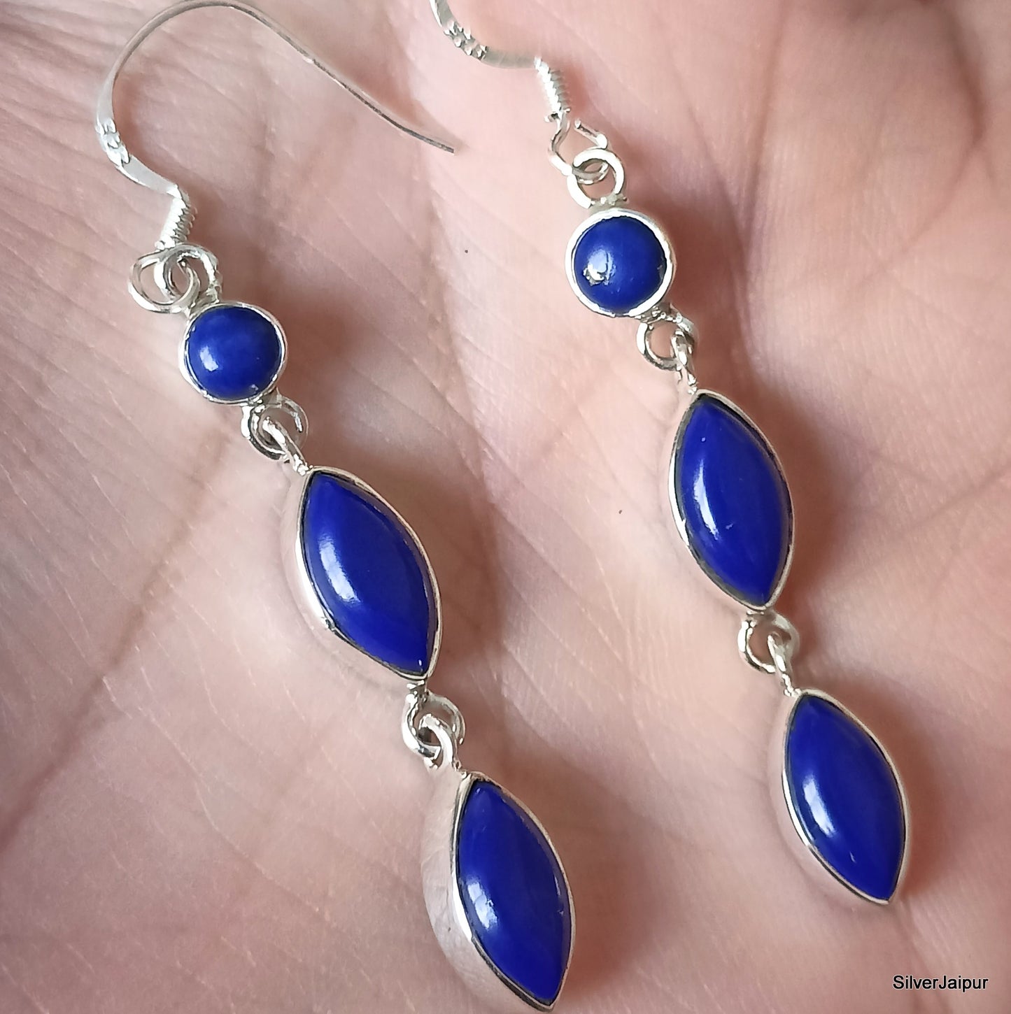 925 SOLID STERLING SILVER NATURAL LAPIS LAZULI GEMSTONE HOOK EARRING