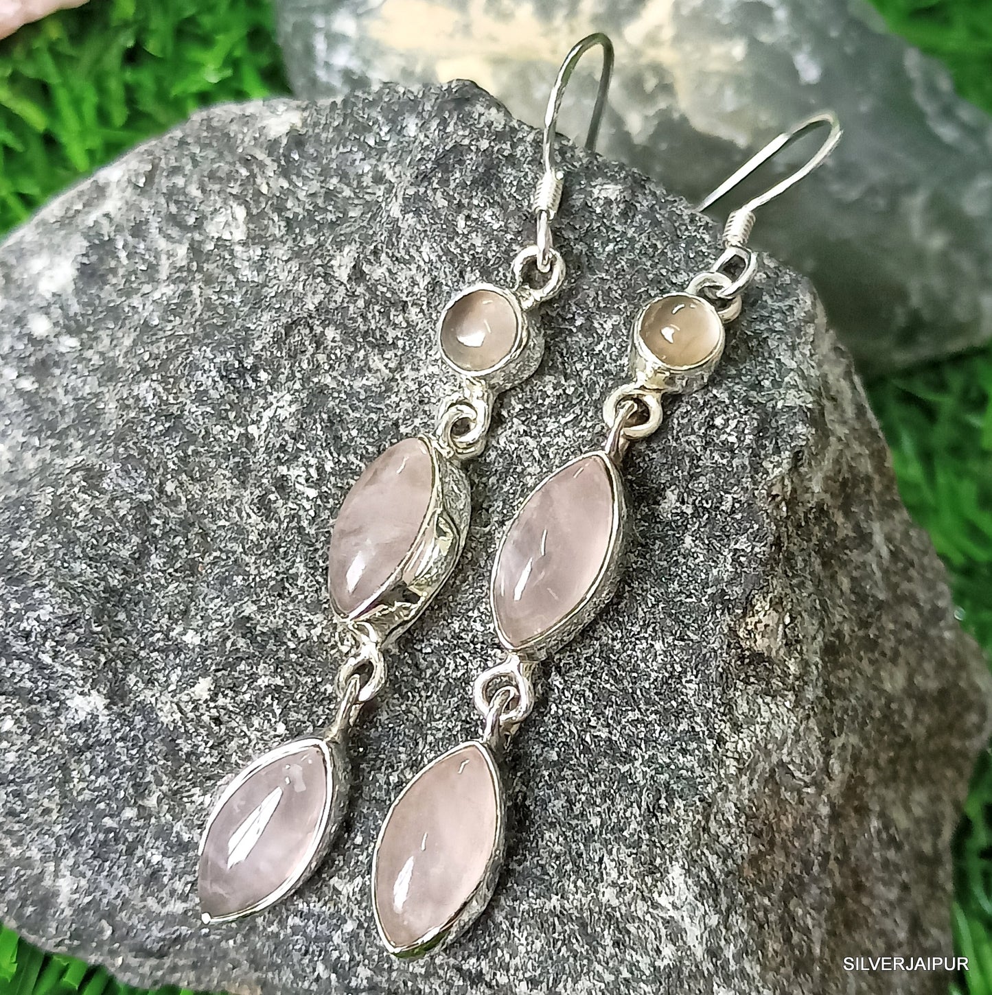 925 SOLID STERLING SILVER NATURAL ROSE QUARTZ GEMSTONE HOOK EARRING