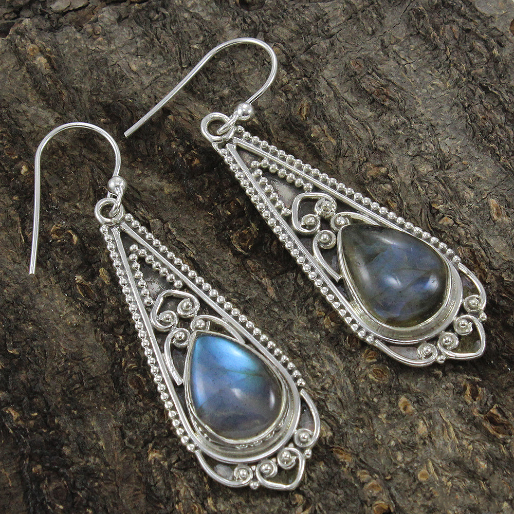 925 SOLID STERLING SILVER NATURAL LABRADORITE GEMSTONE HOOK EARRING
