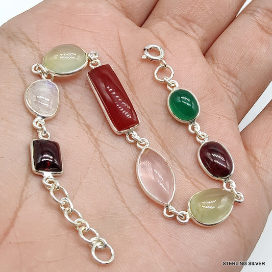 925 SOLID STERLING SILVER NATURAL GEMSTONES HANDMADE BRACELET,8 INCHES