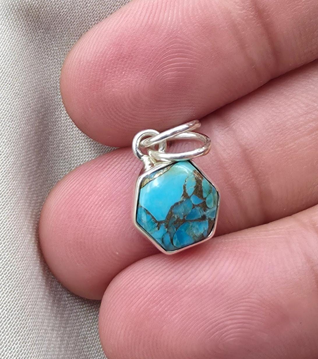925 Sterling Silver Blue Copper Turquoise Hexagon Pendant Handmade Jewelry