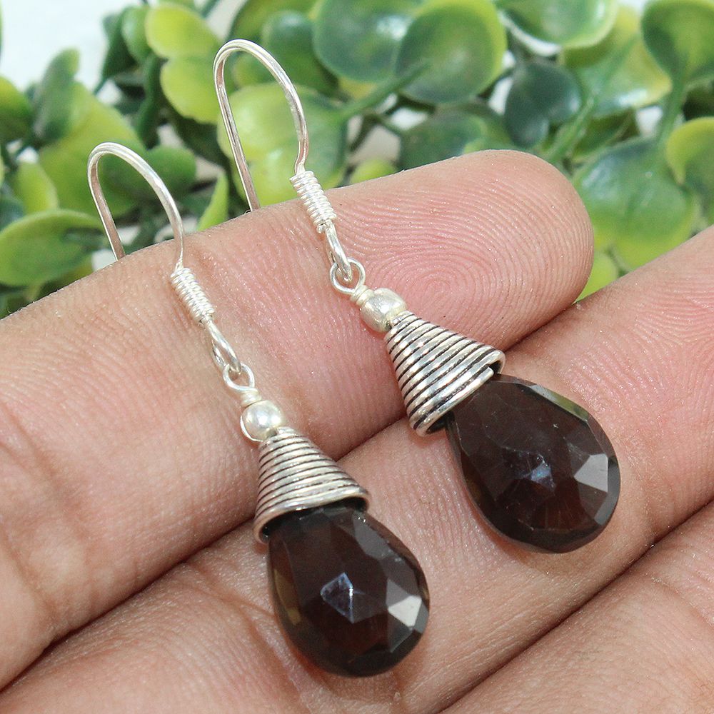 925 SOLID STERLING SILVER NATURAL SMOKY QUARTZ GEMSTONE HOOK EARRING