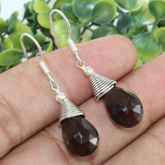 925 SOLID STERLING SILVER NATURAL SMOKY QUARTZ GEMSTONE HOOK EARRING