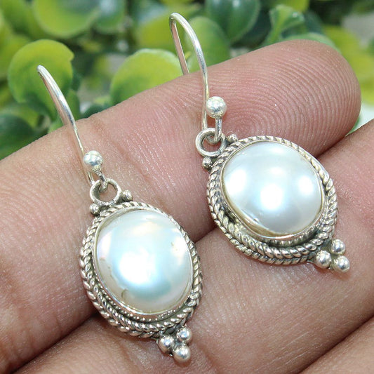 925 SOLID STERLING SILVER NATURAL MOTHER OF PEARL GEMSTONE HOOK EARRING