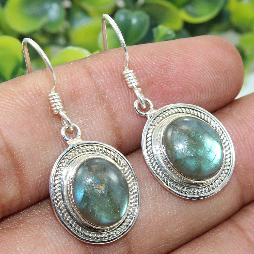 925 SOLID STERLING SILVER NATURAL LABRADORITE GEMSTONE HOOK EARRING