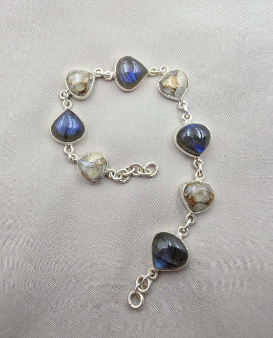 925 Sterling Silver Labradorite & Copper Calcite Bracelet Natural Gemstone Link Bracelet Handmade Boho Jewelry
