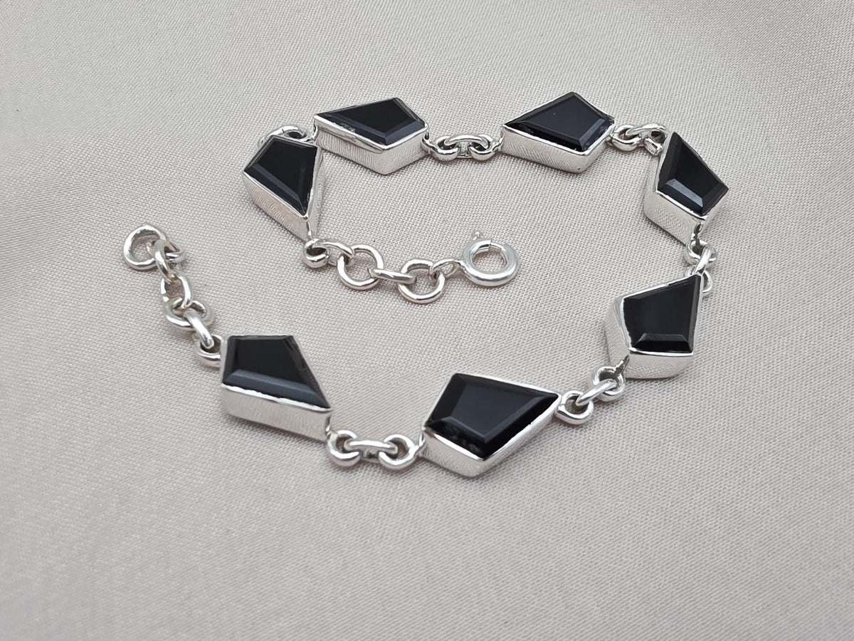 Black Onyx Fancy Shape Link Bracelet 925 Sterling Silver Faceted Onyx Handmade Unisex Jewelry