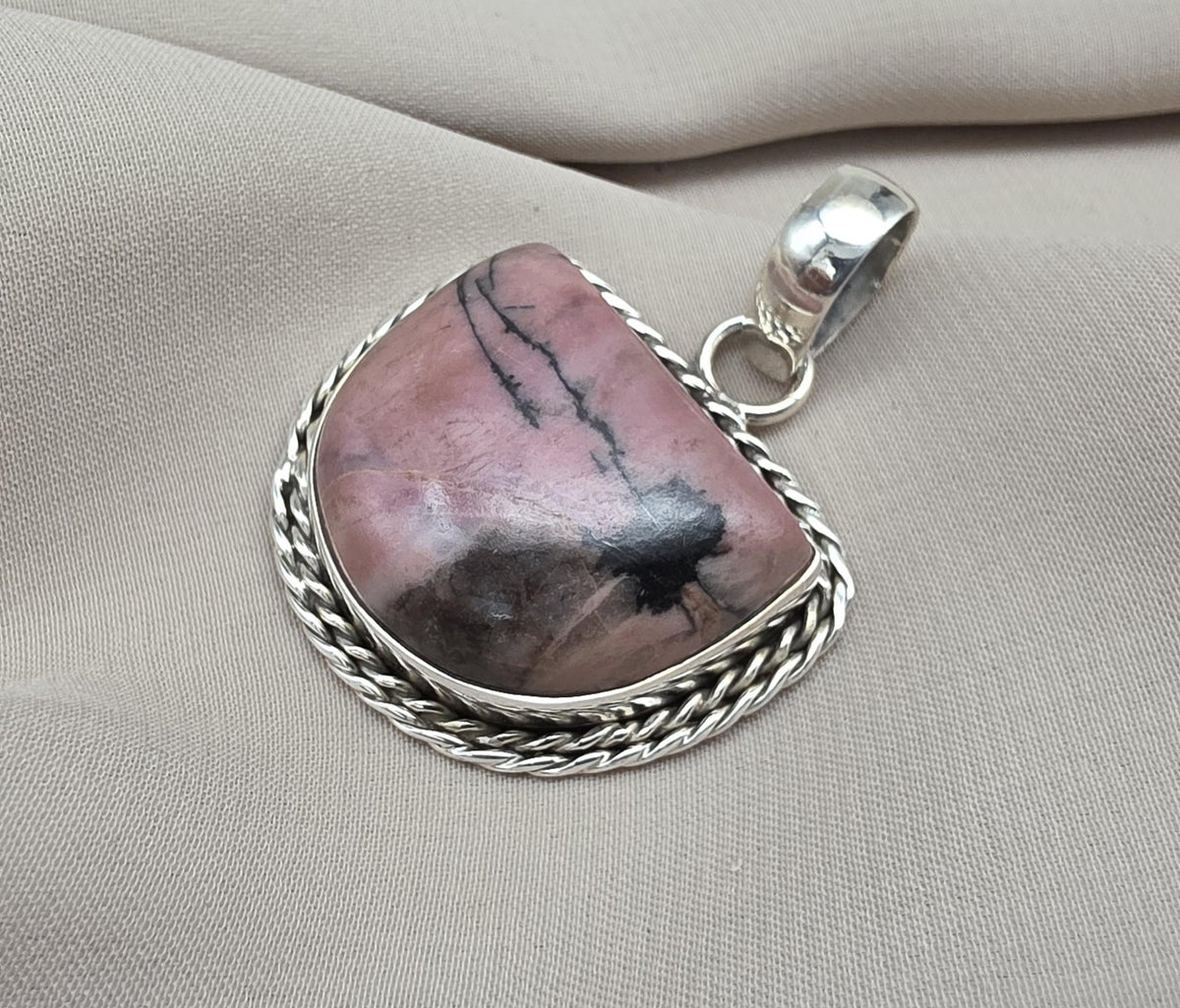 Rhodonite Pendant 925 Sterling Silver Pink and Black Healing Stone Necklace Crystal Jewelry