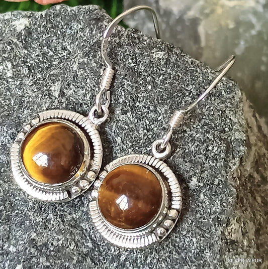 925 SOLID STERLING SILVER NATURAL TIGER EYE GEMSTONE HOOK EARRING