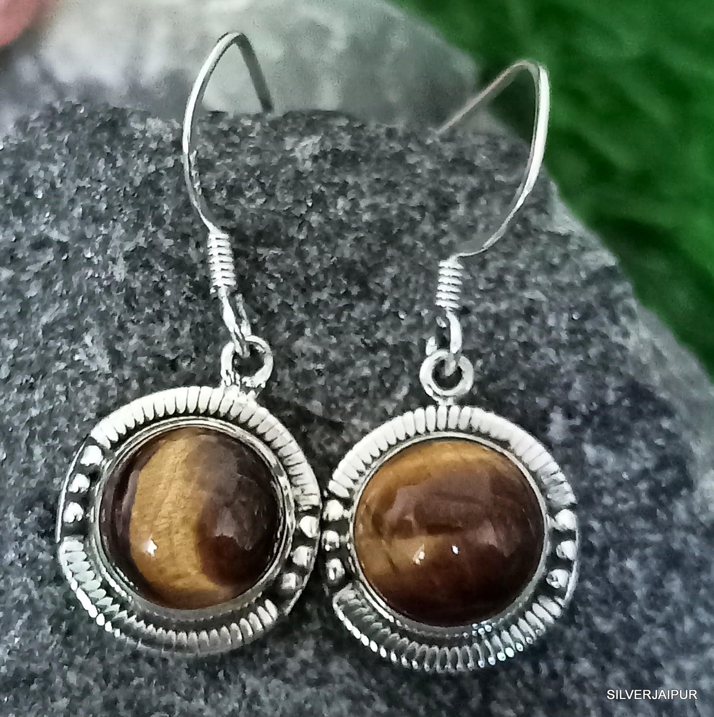 925 SOLID STERLING SILVER NATURAL TIGER EYE GEMSTONE HOOK EARRING