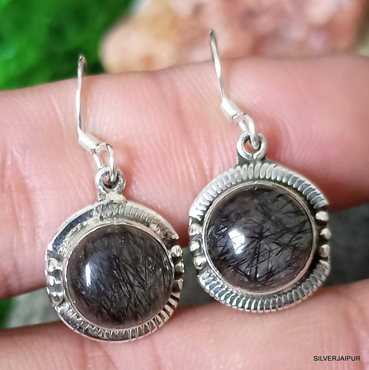 925 SOLID STERLING SILVER NATURAL BLACK RUTILE GEMSTONE HOOK EARRING
