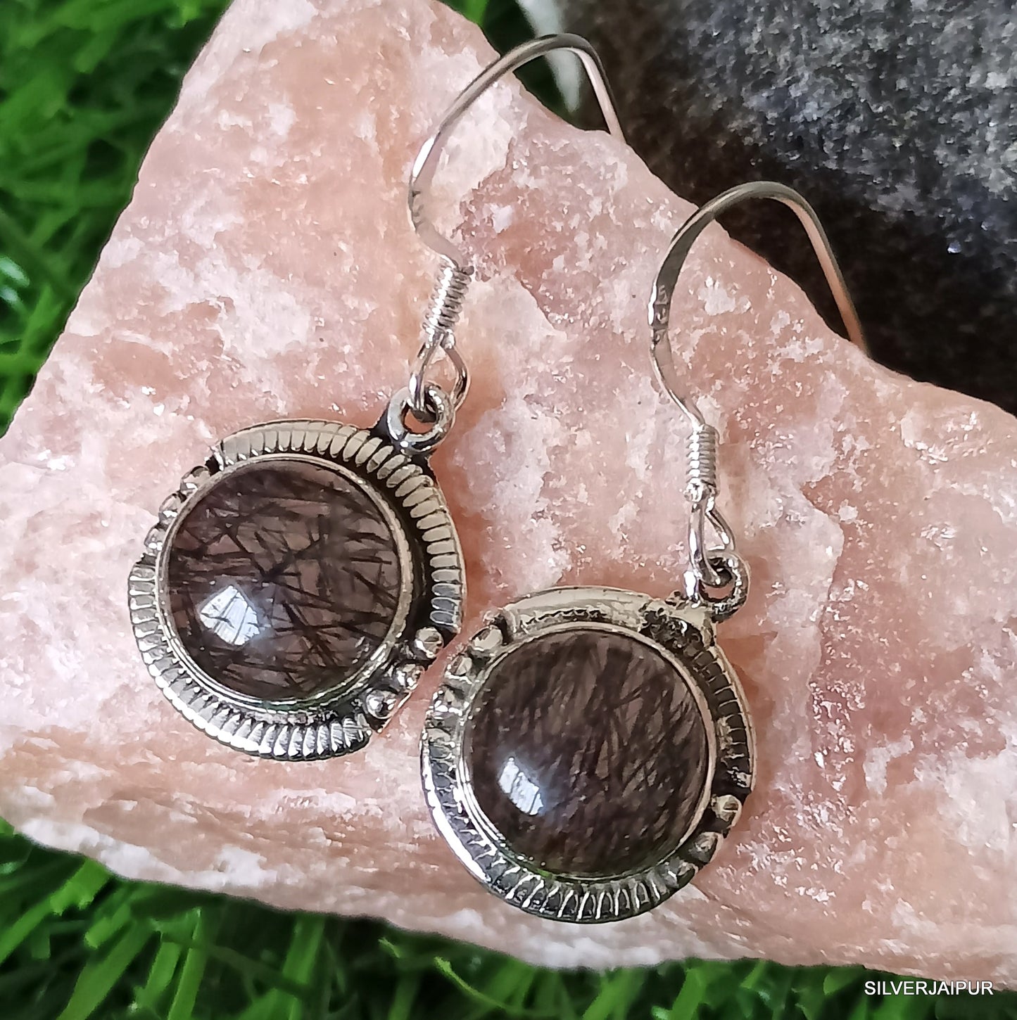 925 SOLID STERLING SILVER NATURAL BLACK RUTILE GEMSTONE HOOK EARRING