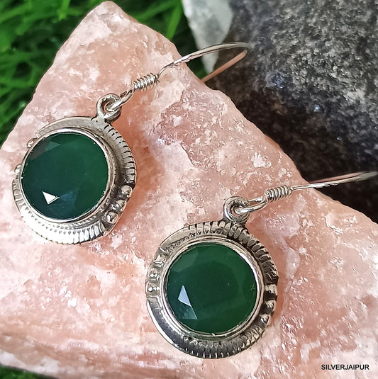925 SOLID STERLING SILVER NATURAL GREEN ONYX GEMSTONE HOOK EARRING