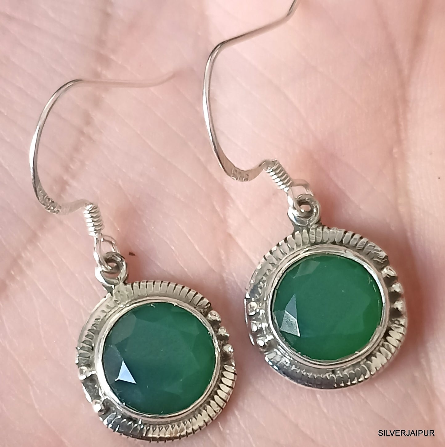 925 SOLID STERLING SILVER NATURAL GREEN ONYX GEMSTONE HOOK EARRING