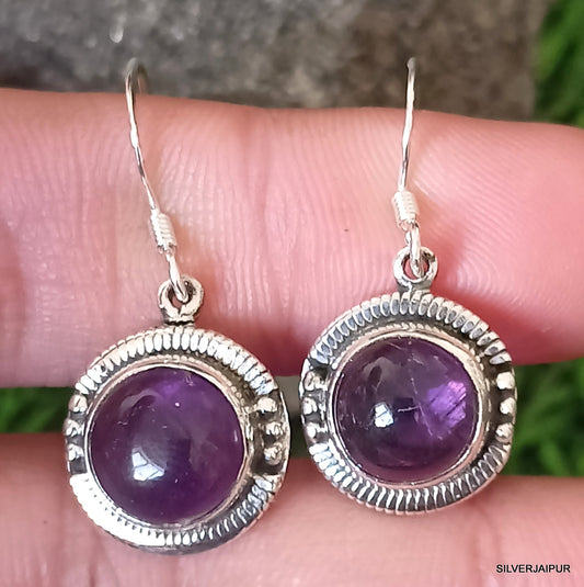 925 SOLID STERLING SILVER NATURAL PURPLE AMETHYST GEMSTONE HOOK EARRING