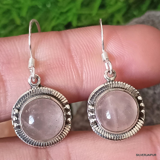 925 SOLID STERLING SILVER NATURAL ROSE QUARTZ GEMSTONE HOOK EARRING