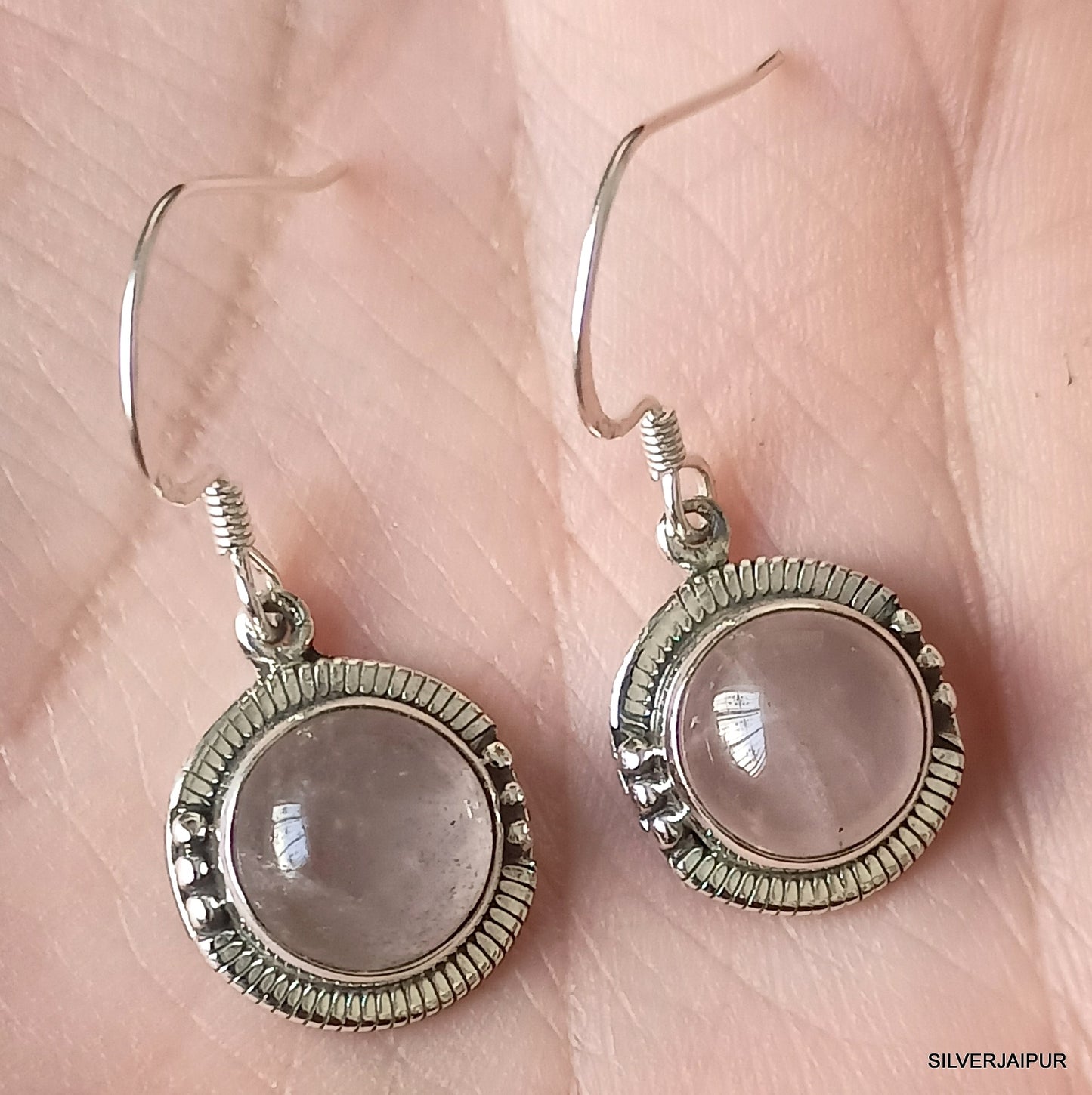 925 SOLID STERLING SILVER NATURAL ROSE QUARTZ GEMSTONE HOOK EARRING