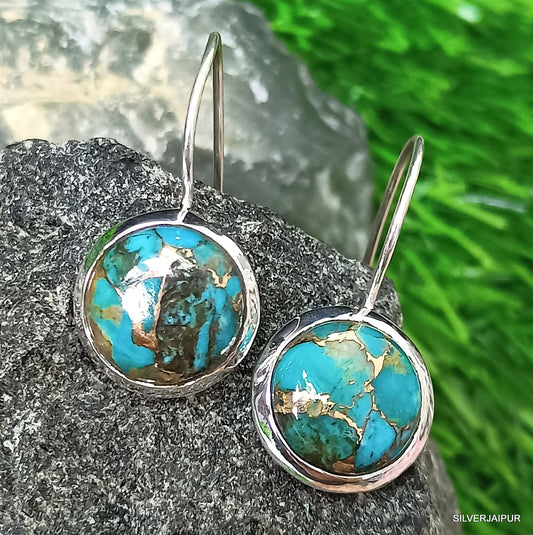 925 SOLID STERLING SILVER NATURAL BLUE COPPER TURQUOISE GEMSTONE HOOK EARRING