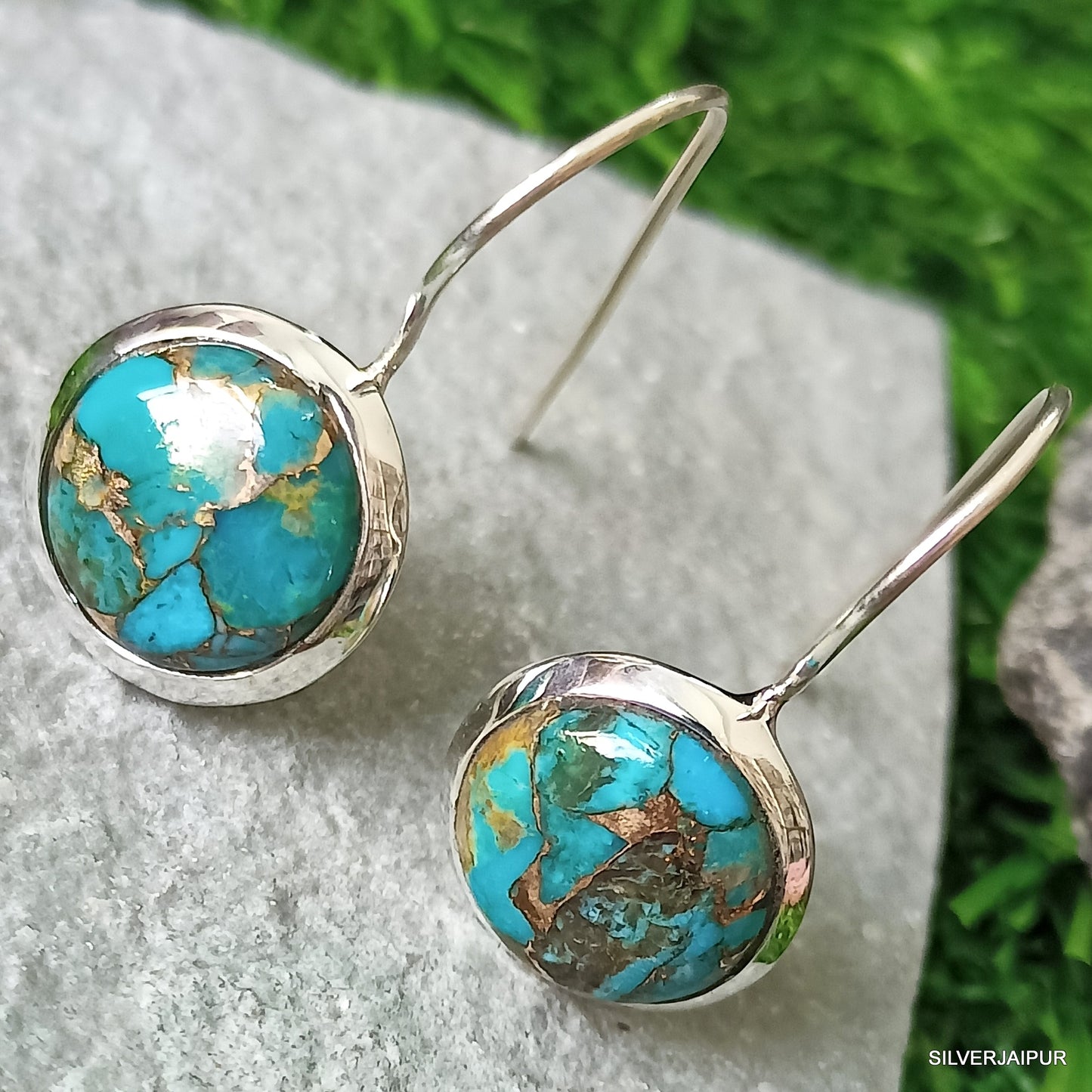 925 SOLID STERLING SILVER NATURAL BLUE COPPER TURQUOISE GEMSTONE HOOK EARRING