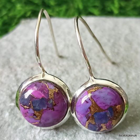 925 SOLID STERLING SILVER NATURAL PURPLE COPPER TURQUOISE GEMSTONE HOOK EARRING