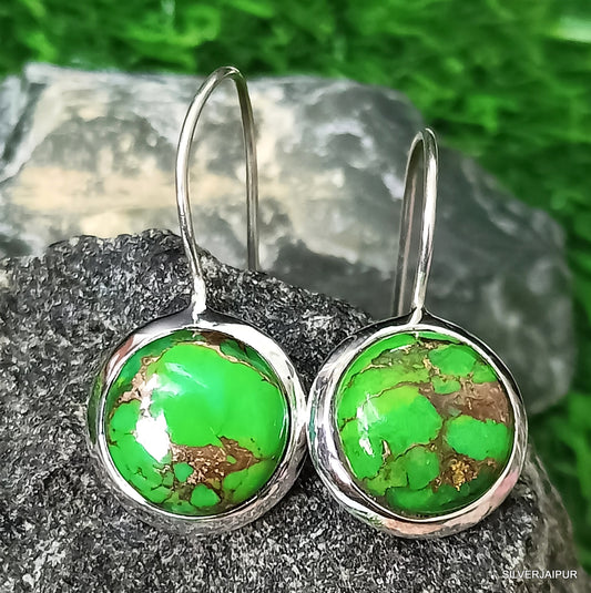 925 SOLID STERLING SILVER NATURAL GREEN COPPER TURQUOISE GEMSTONE HOOK EARRING