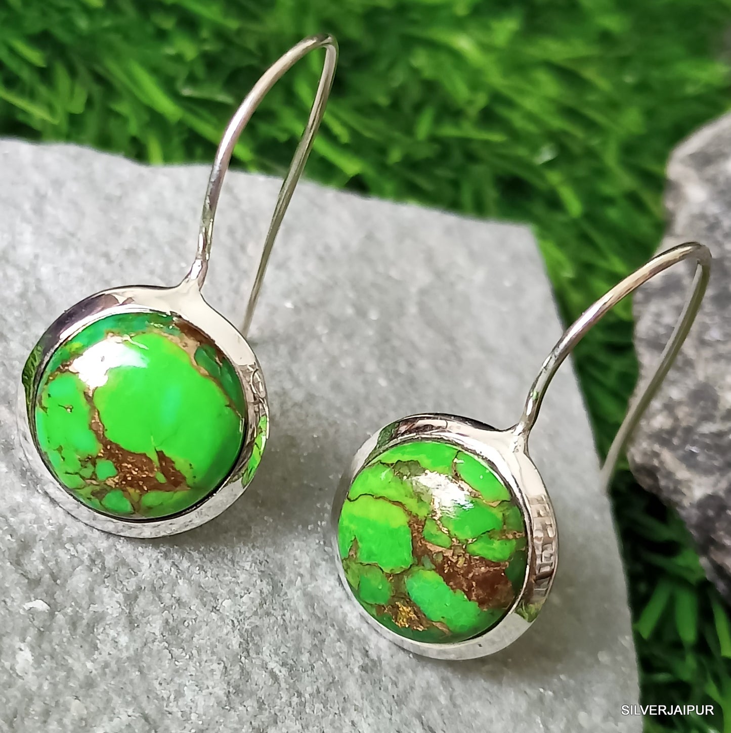 925 SOLID STERLING SILVER NATURAL GREEN COPPER TURQUOISE GEMSTONE HOOK EARRING