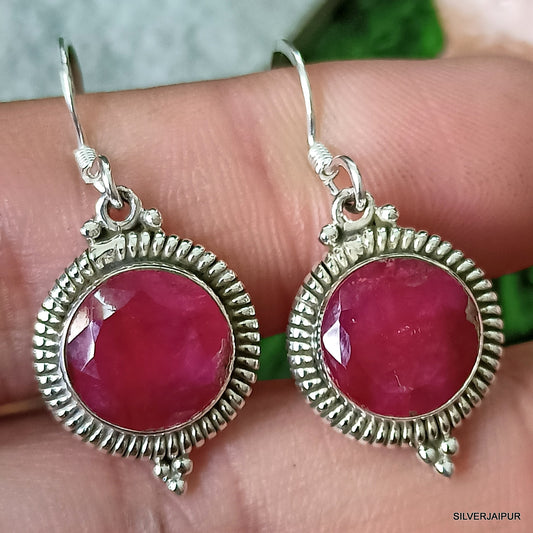 925 SOLID STERLING SILVER NATURAL RUBY GEMSTONE HOOK EARRING