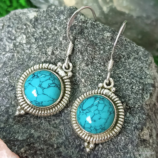 925 SOLID STERLING SILVER NATURAL BLUE TURQUOISE GEMSTONE HOOK EARRING
