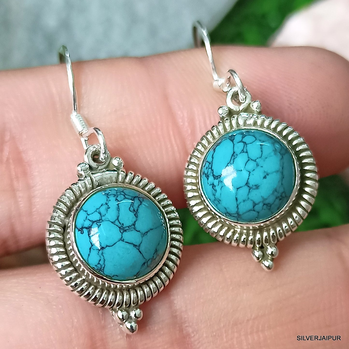 925 SOLID STERLING SILVER NATURAL BLUE TURQUOISE GEMSTONE HOOK EARRING