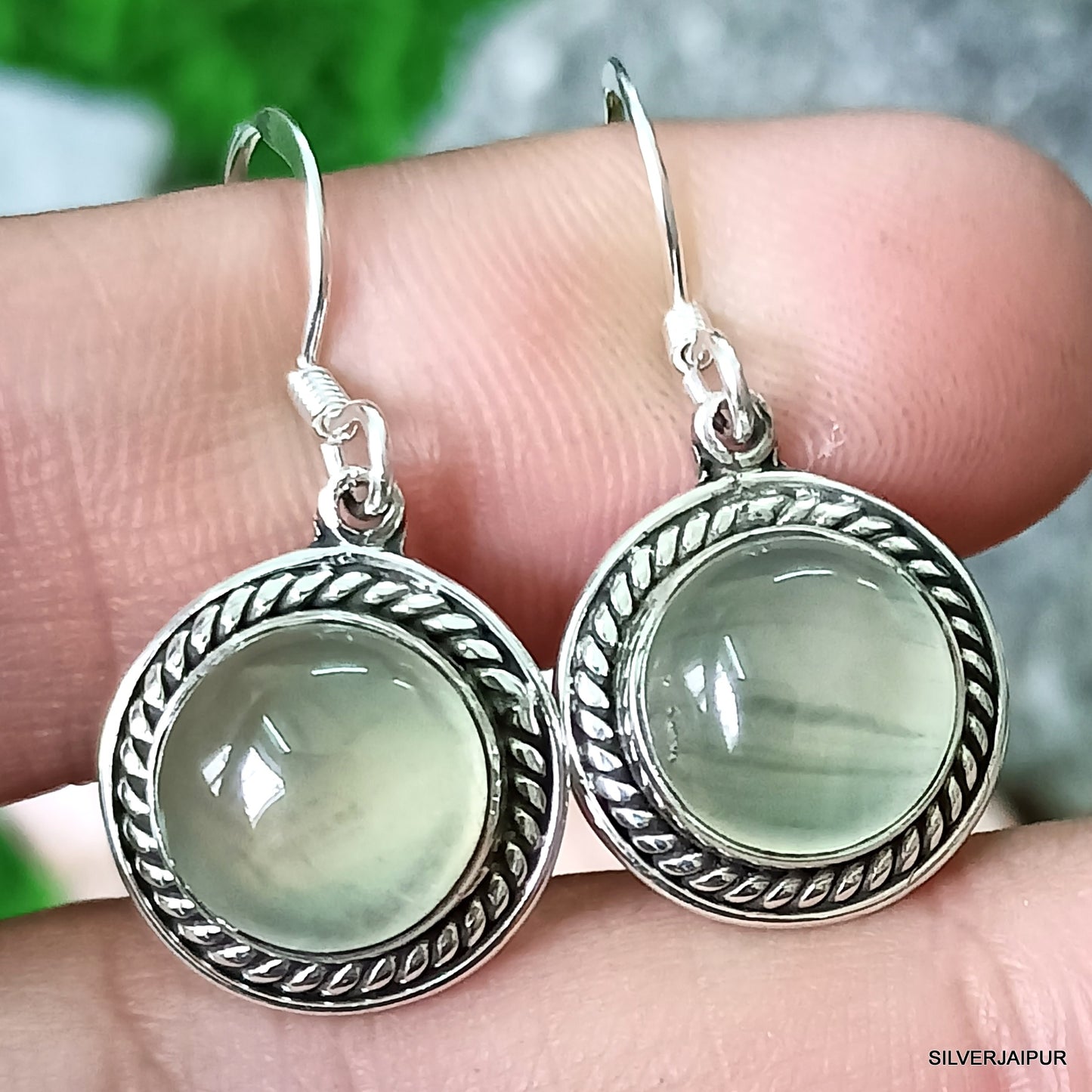 925 SOLID STERLING SILVER NATURAL GREEN AMETHYST GEMSTONE HOOK EARRING