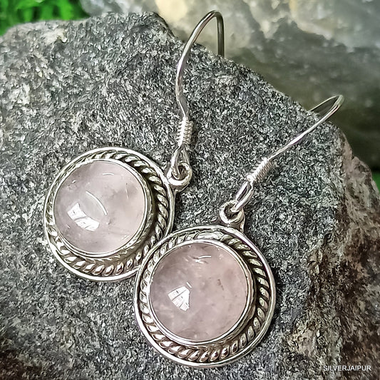 925 SOLID STERLING SILVER NATURAL ROSE QUARTZ GEMSTONE HOOK EARRING GIFT FOR GIRLS