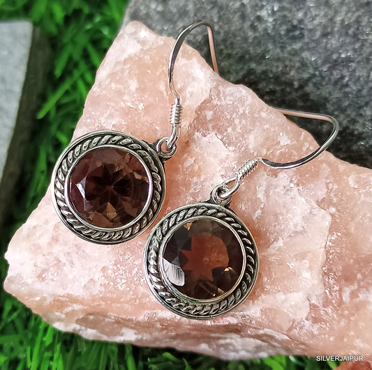 925 SOLID STERLING SILVER NATURAL SMOKY QUARTZ GEMSTONE HOOK EARRING GIFT FOR GIRLS
