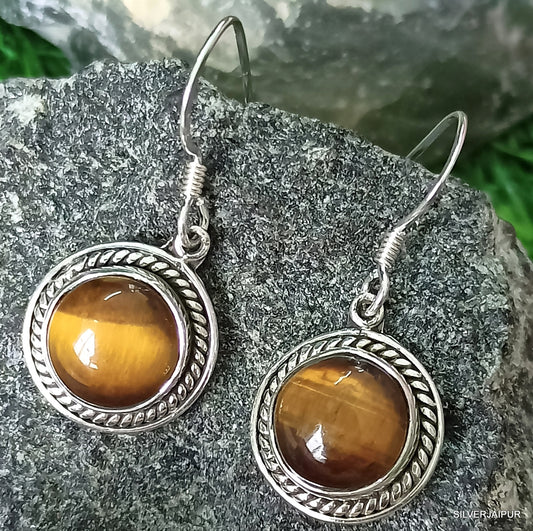 925 SOLID STERLING SILVER NATURAL TIGER EYE GEMSTONE HOOK EARRING