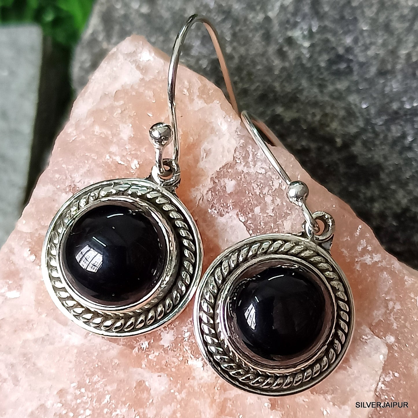 925 SOLID STERLING SILVER NATURAL BLACK ONYX GEMSTONE HOOK EARRING