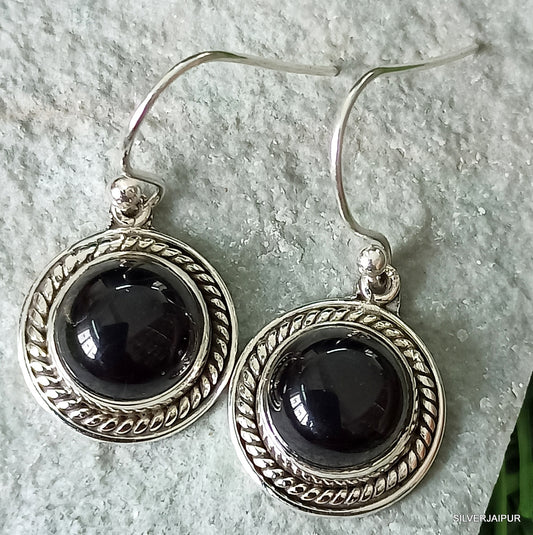 925 SOLID STERLING SILVER NATURAL BLACK ONYX GEMSTONE HOOK EARRING