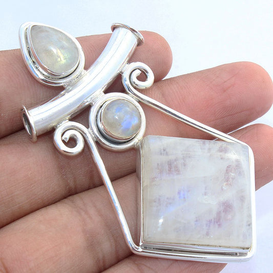 925 SOLID STERLING SILVER NATURAL RAINBOW MOONSTONE PENDANT