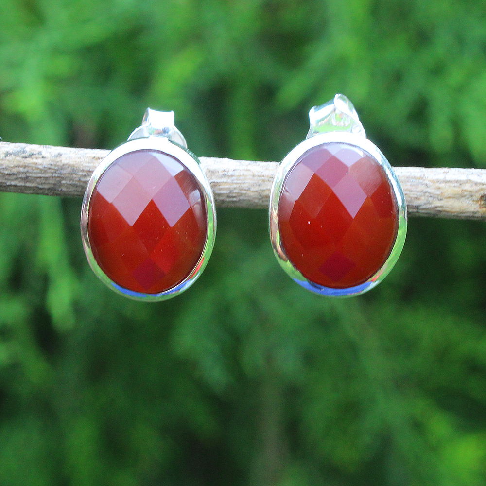 925 SOLID STERLING SILVER NATURAL CARNELIAN GEMSTONE STUD EARRING
