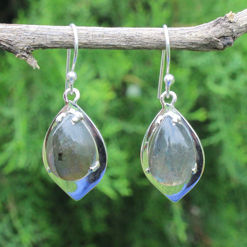 925 SOLID STERLING SILVER NATURAL LABRADORITE GEMSTONE HOOK EARRING